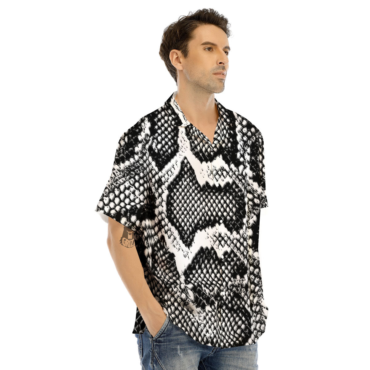 Snakeskin Black And Grey Print Men's Hawaiian Shirt-grizzshop