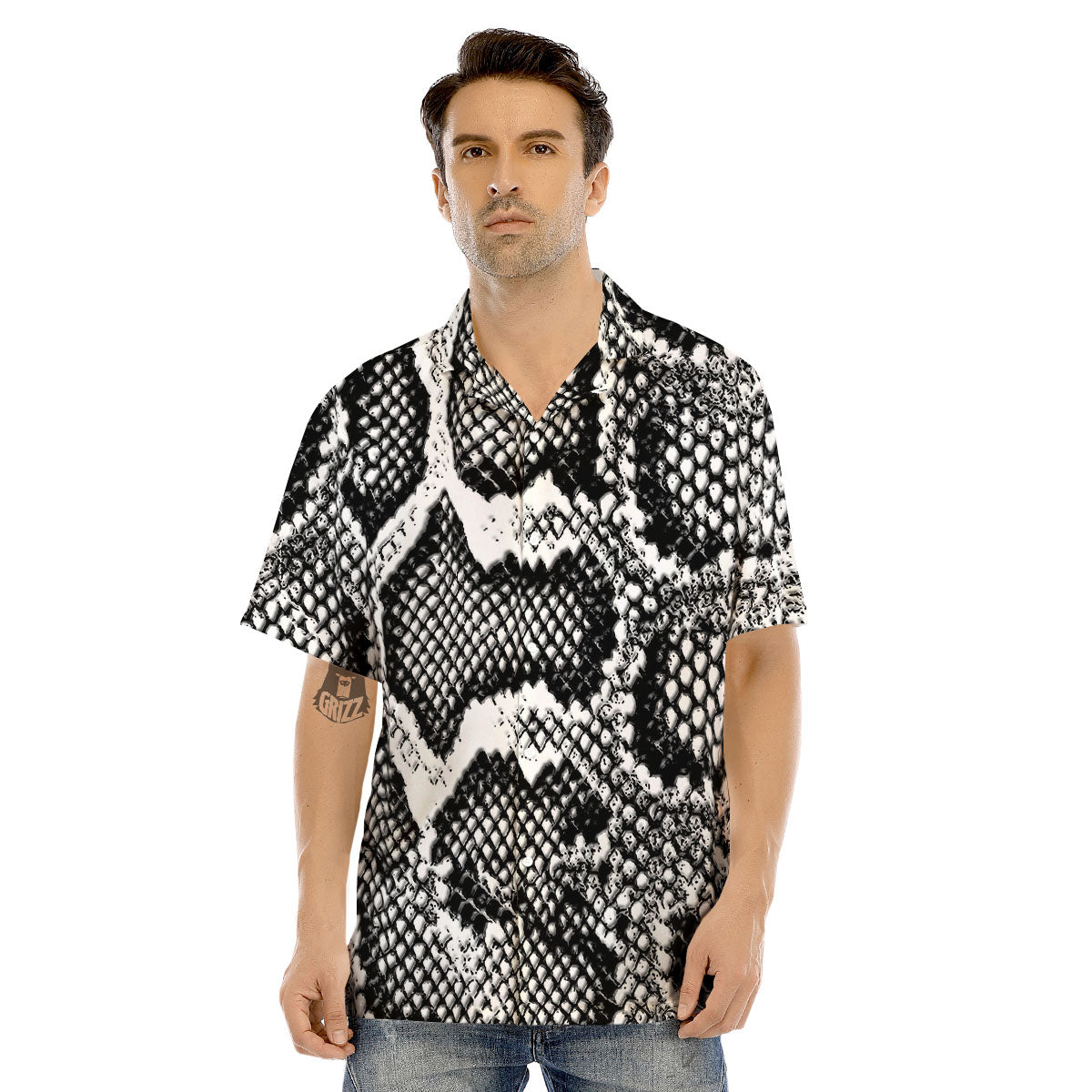 Snakeskin Black And Grey Print Men's Hawaiian Shirt-grizzshop