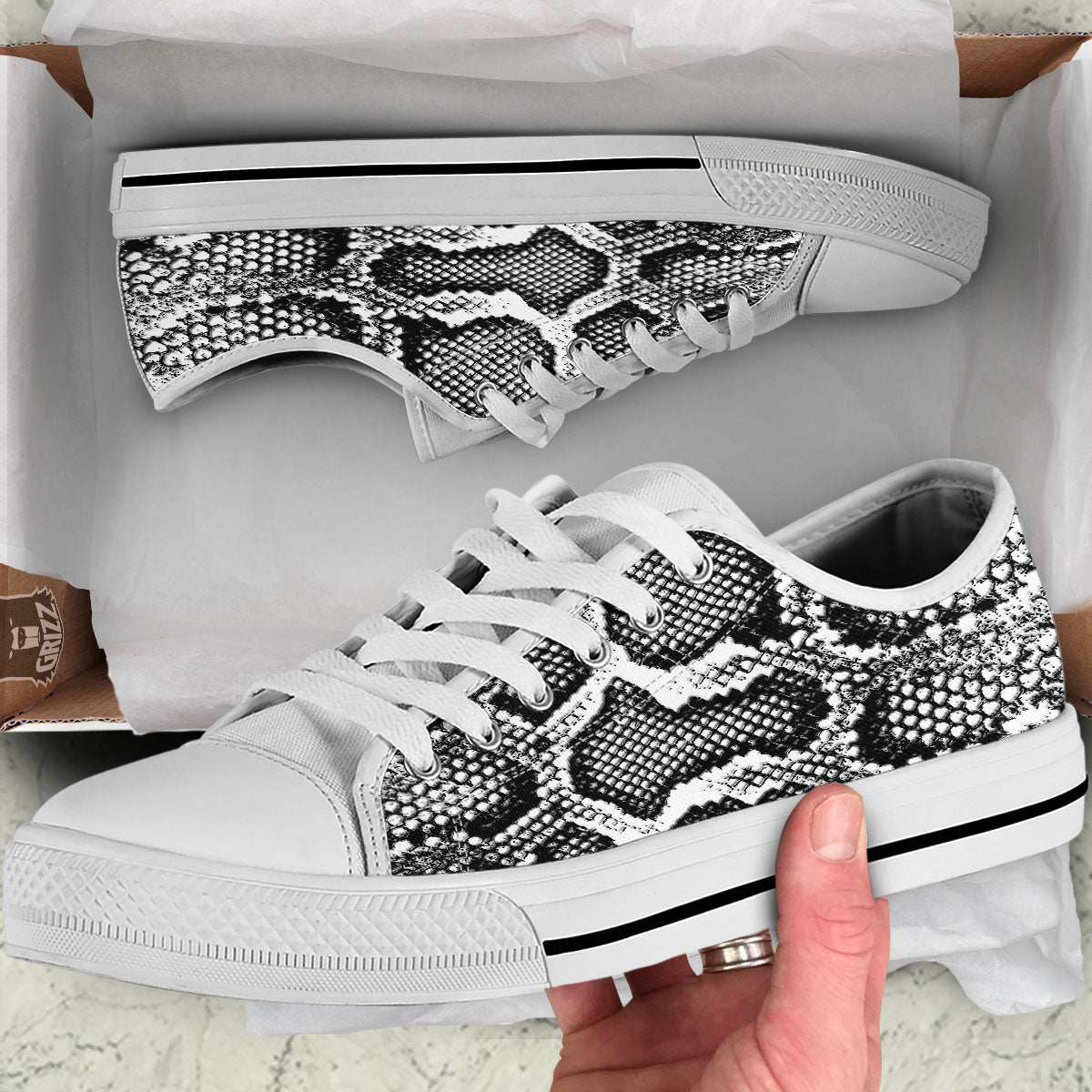 Snakeskin Black And Grey Print White Low Top Shoes-grizzshop