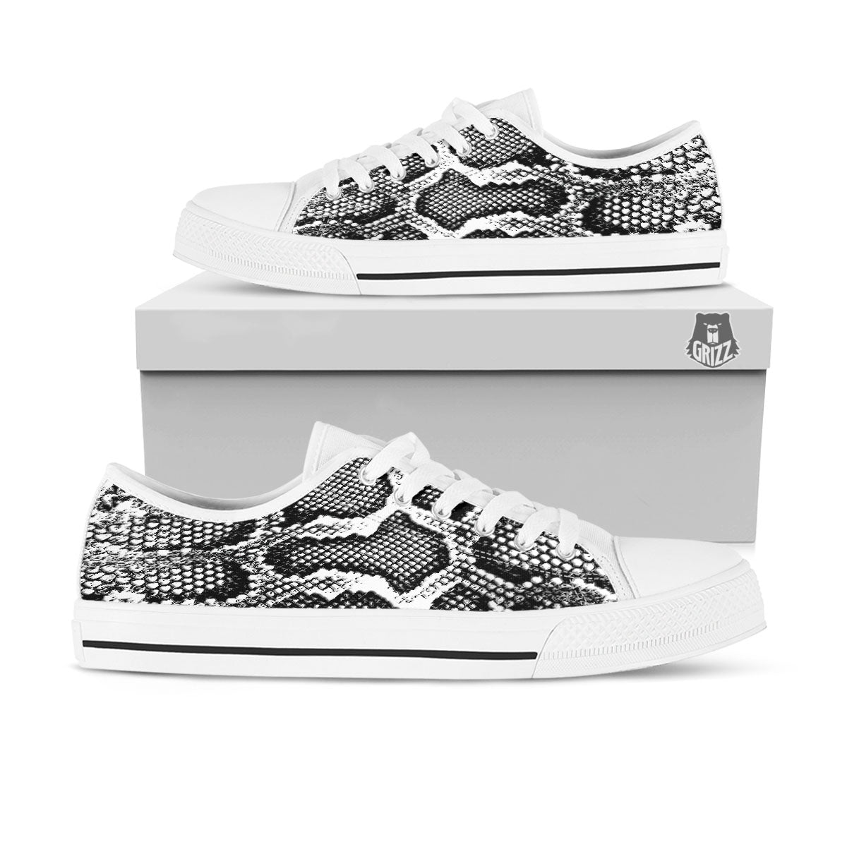 Snakeskin Black And Grey Print White Low Top Shoes-grizzshop