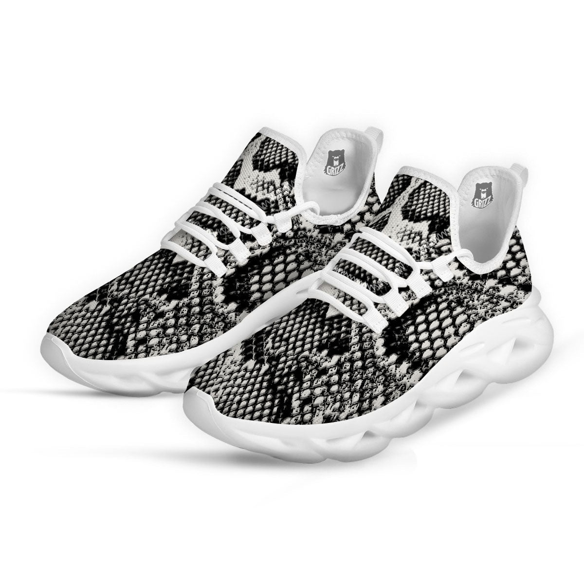 Snakeskin Black And Grey Print White Running Shoes-grizzshop