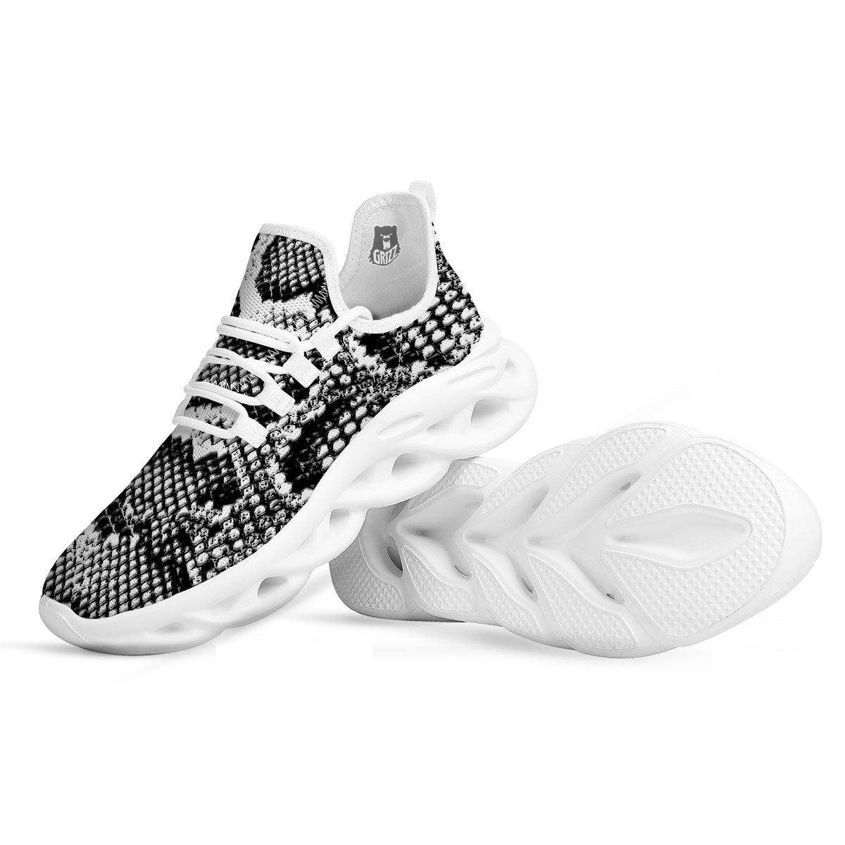 Snakeskin Black And Grey Print White Running Shoes-grizzshop