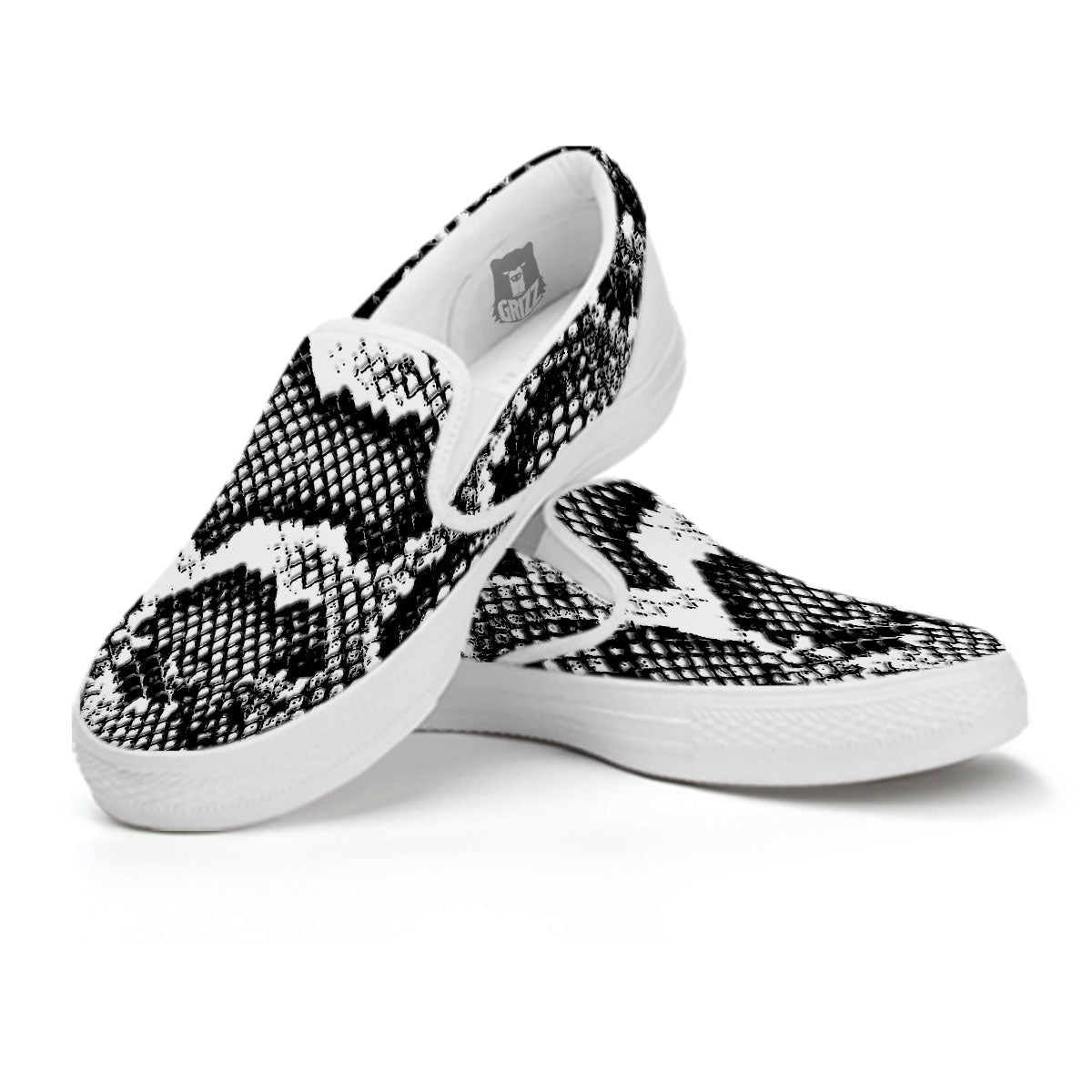 Snakeskin Black And Grey Print White Slip On Shoes-grizzshop