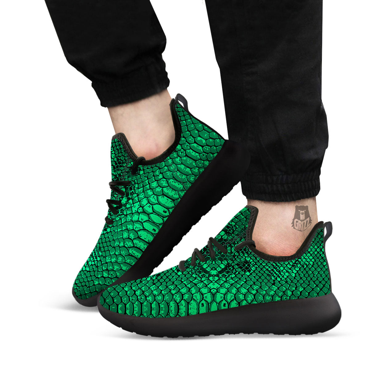 Snakeskin Black And Lime Green Print Black Athletic Shoes-grizzshop