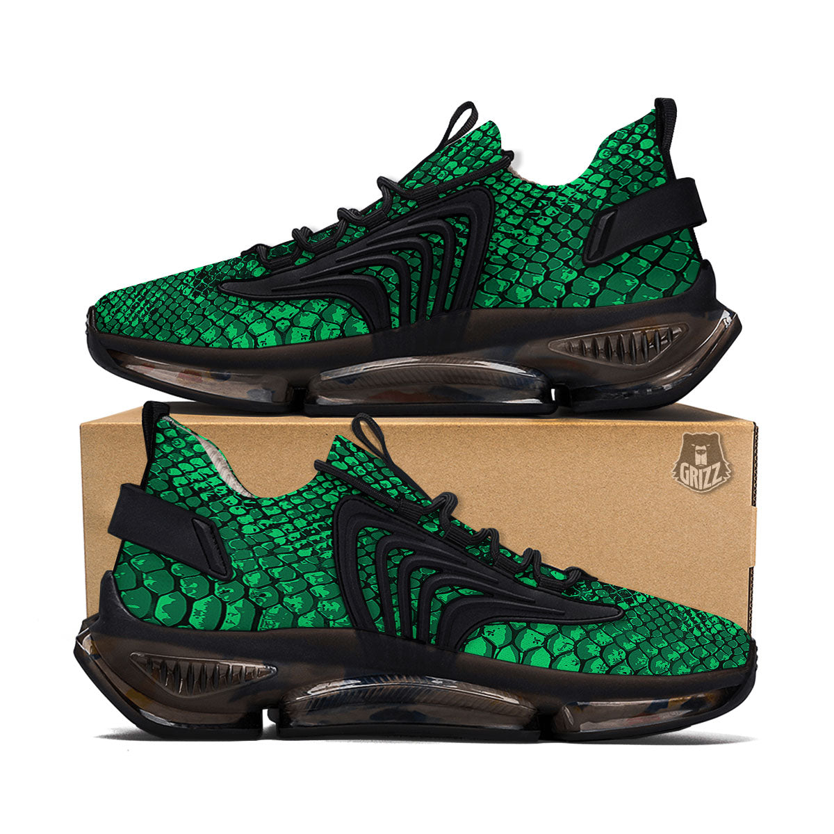 Snakeskin Black And Lime Green Print Black Gym Shoes-grizzshop