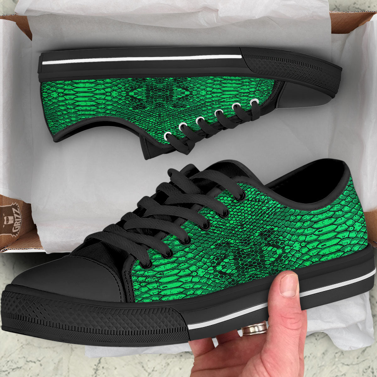 Snakeskin Black And Lime Green Print Black Low Top Shoes-grizzshop