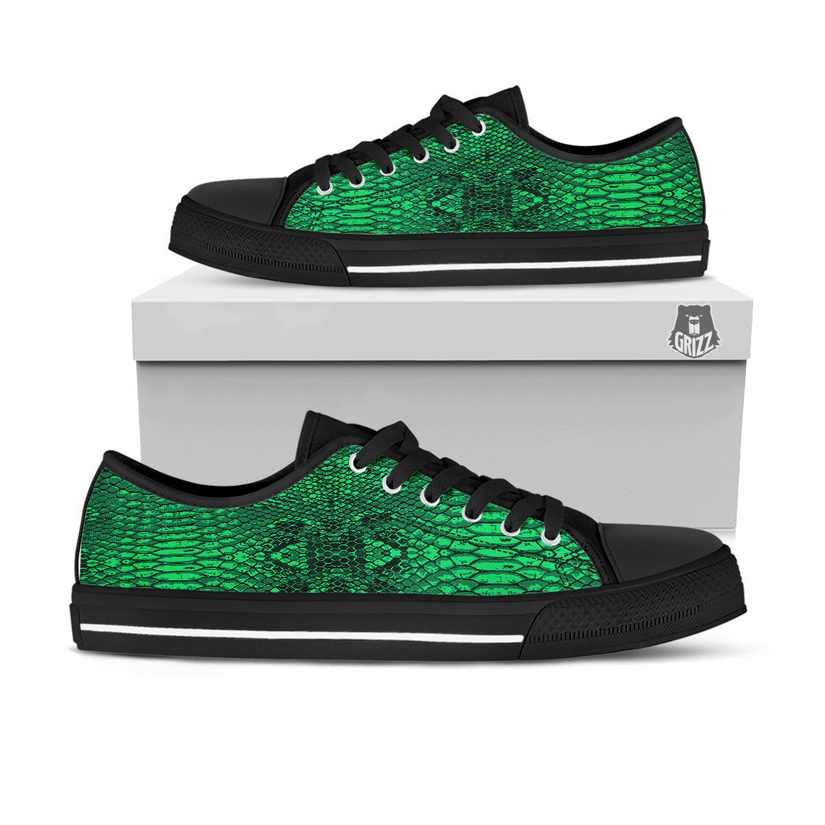 Snakeskin Black And Lime Green Print Black Low Top Shoes-grizzshop