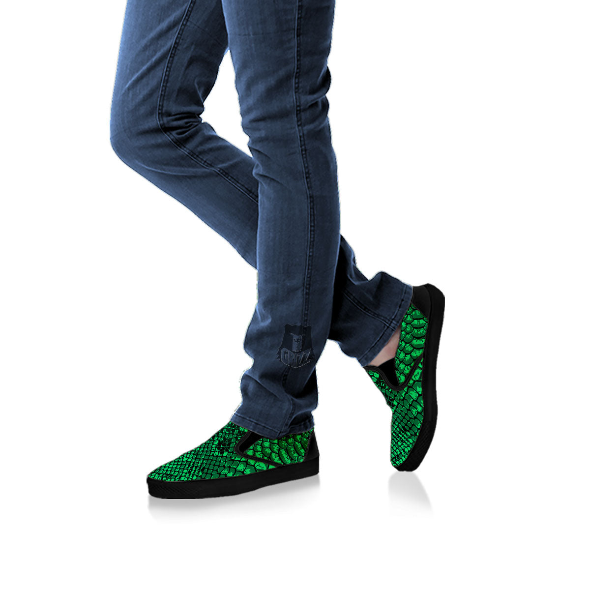 Snakeskin Black And Lime Green Print Black Slip On Shoes-grizzshop