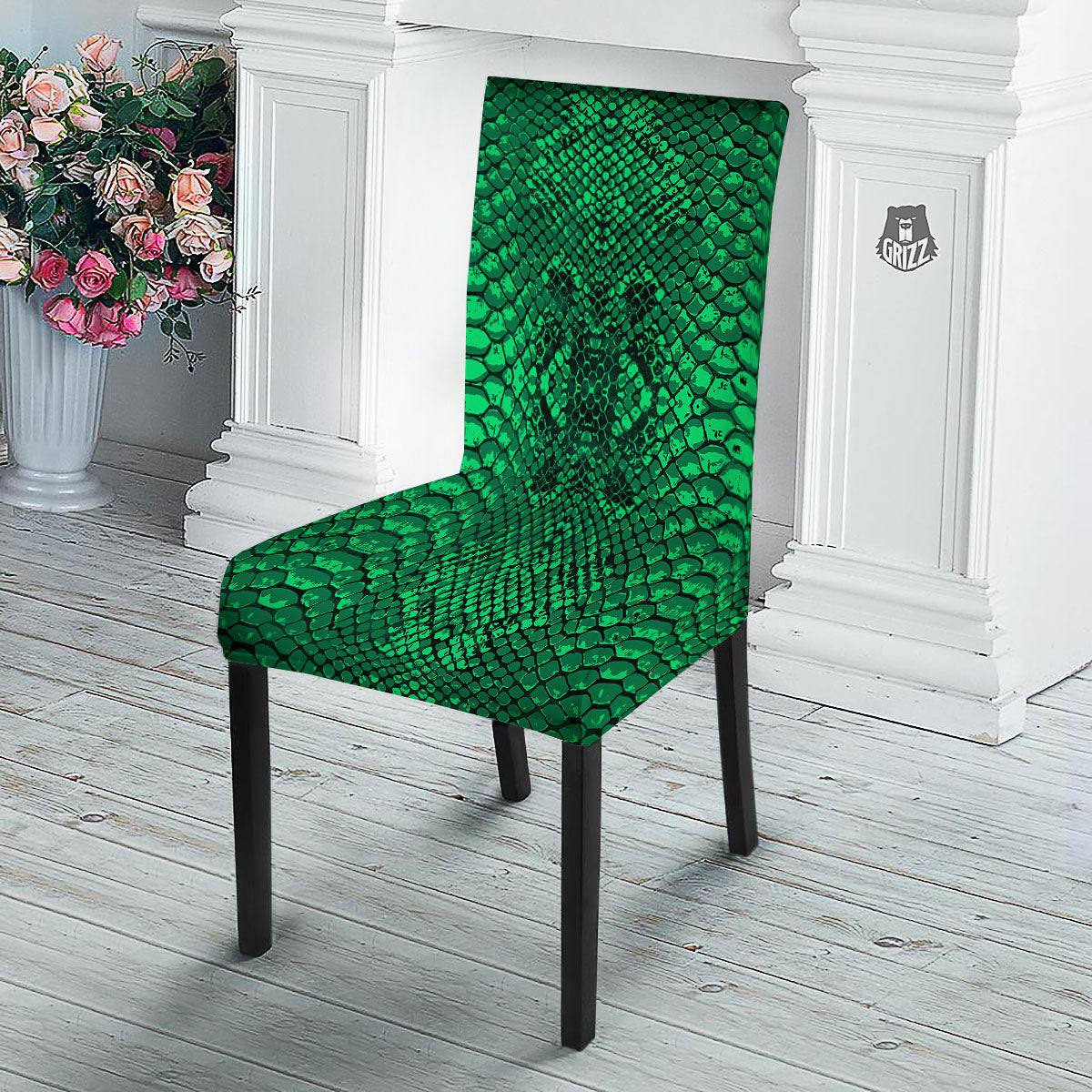 Snakeskin Black And Lime Green Print Dining Chair Slipcover-grizzshop
