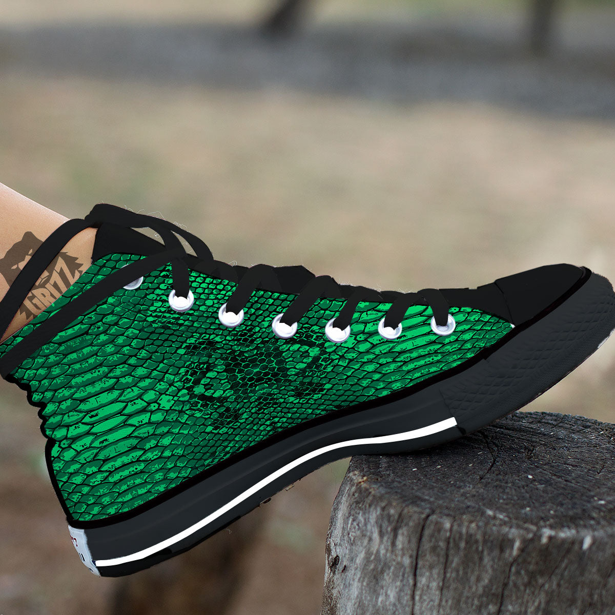 Snakeskin Black And Lime Green Print High Top Shoes-grizzshop