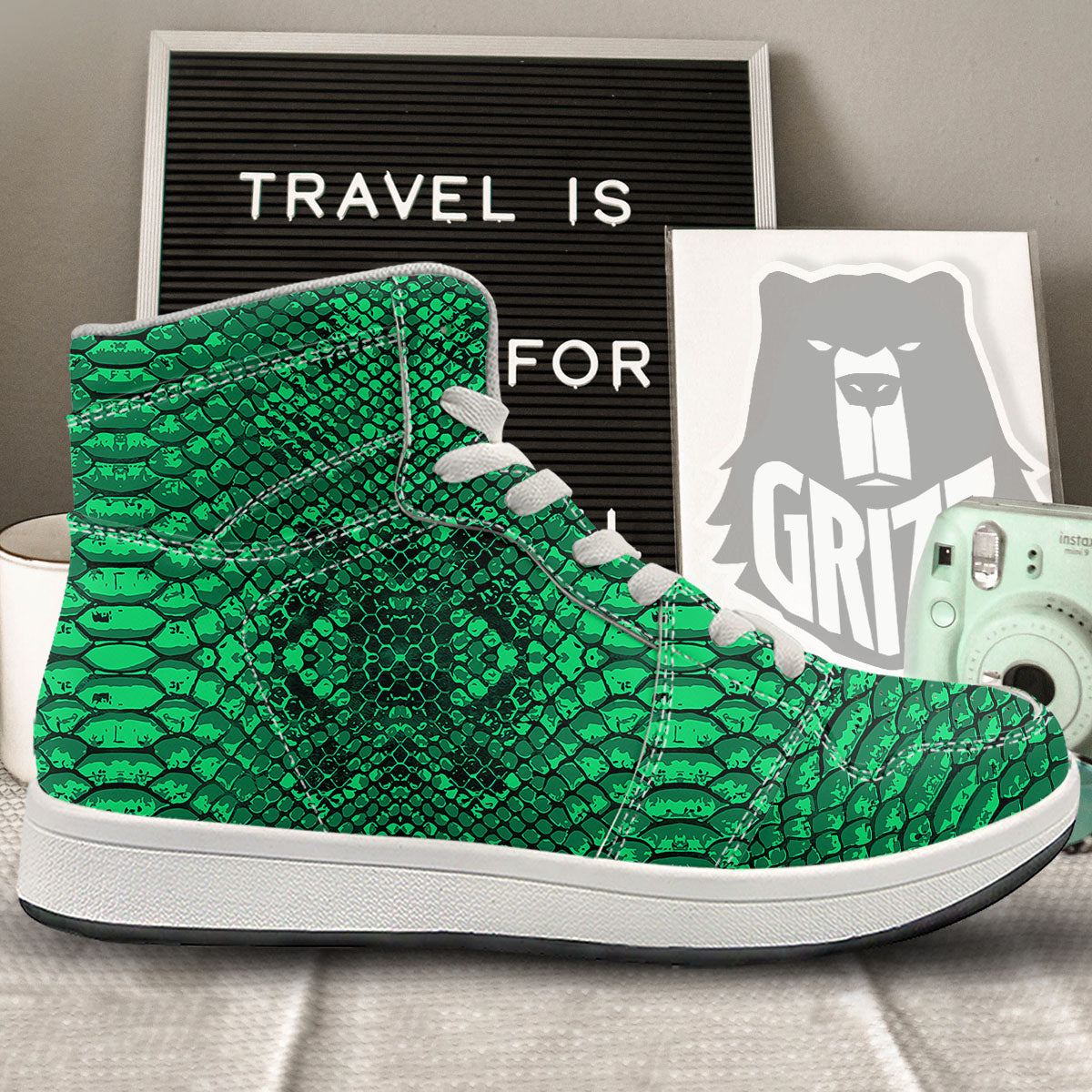 Snakeskin Black And Lime Green Print High Top Sneakers-grizzshop