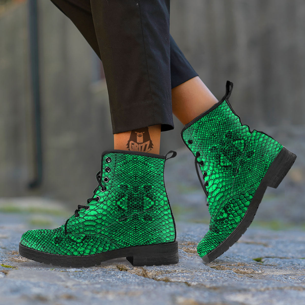 Snakeskin Black And Lime Green Print Leather Boots-grizzshop