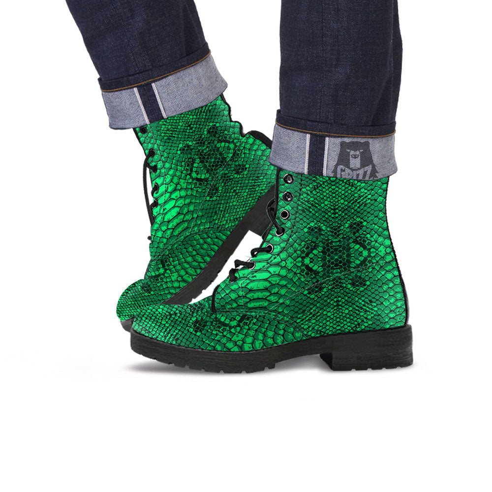 Snakeskin Black And Lime Green Print Leather Boots-grizzshop