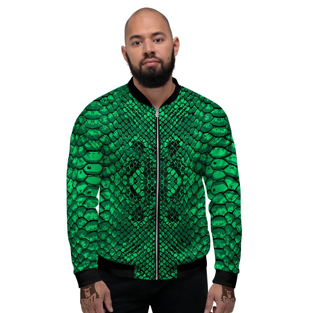 Snakeskin Black And Lime Green Print Men's Bomber Jacket-grizzshop
