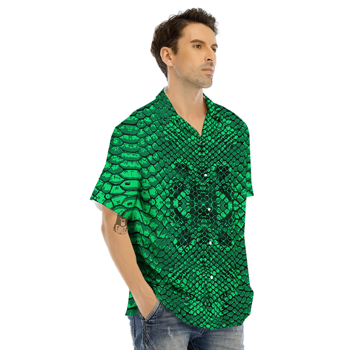 Snakeskin Black And Lime Green Print Men's Hawaiian Shirt-grizzshop