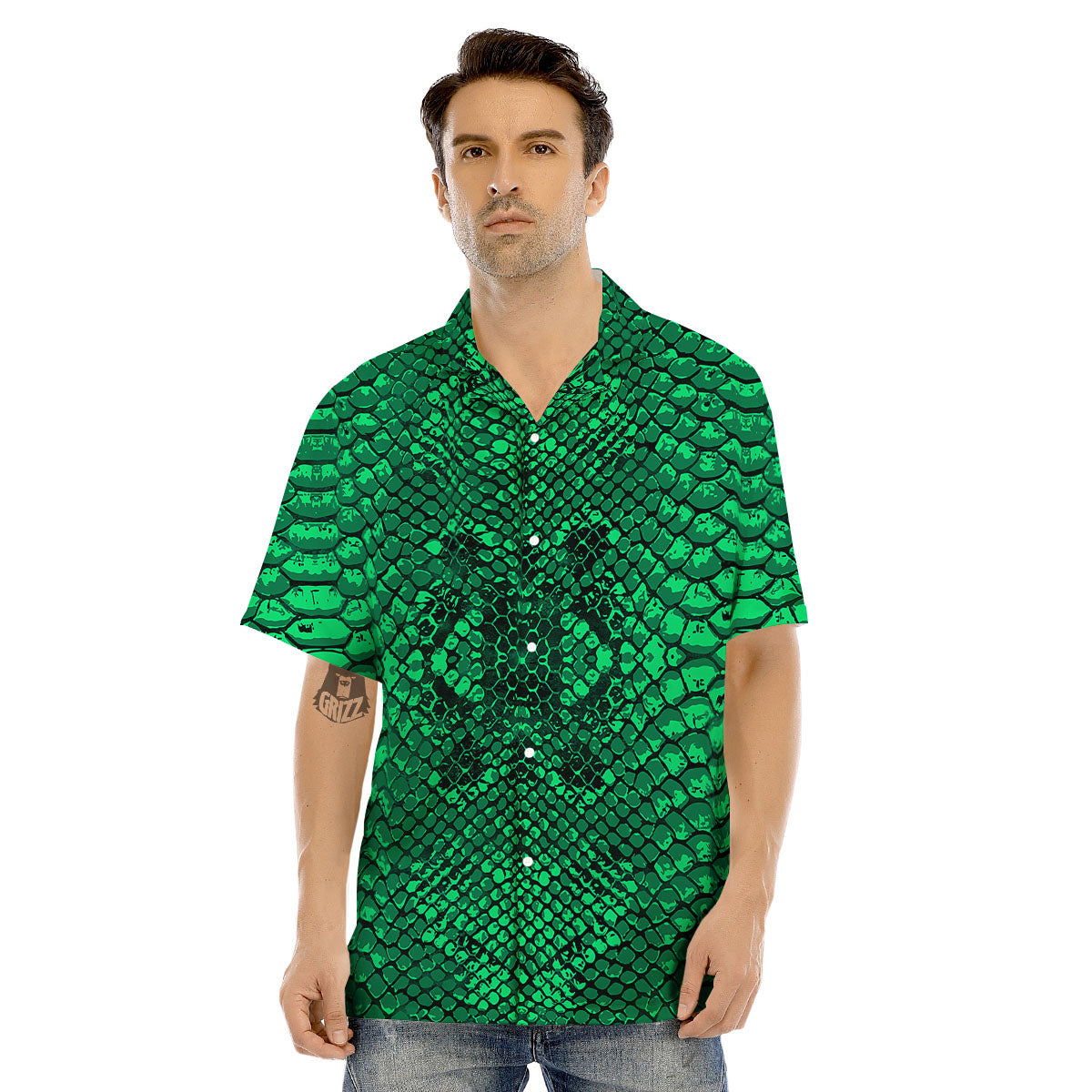 Snakeskin Black And Lime Green Print Men's Hawaiian Shirt-grizzshop