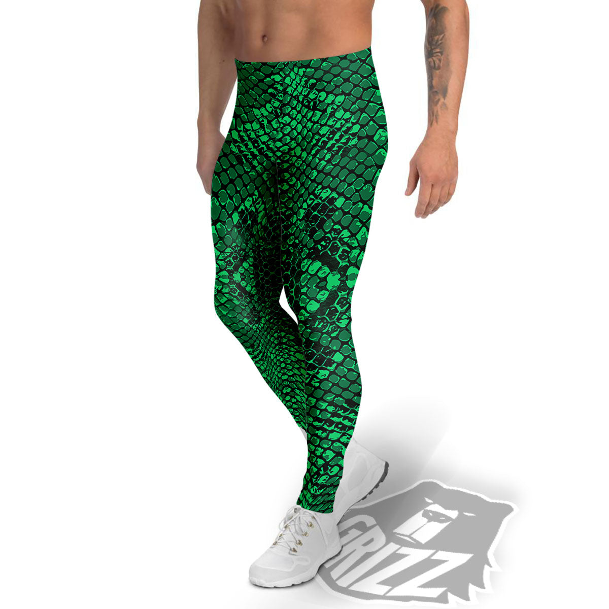 Snakeskin Black And Lime Green Print Men's Leggings-grizzshop