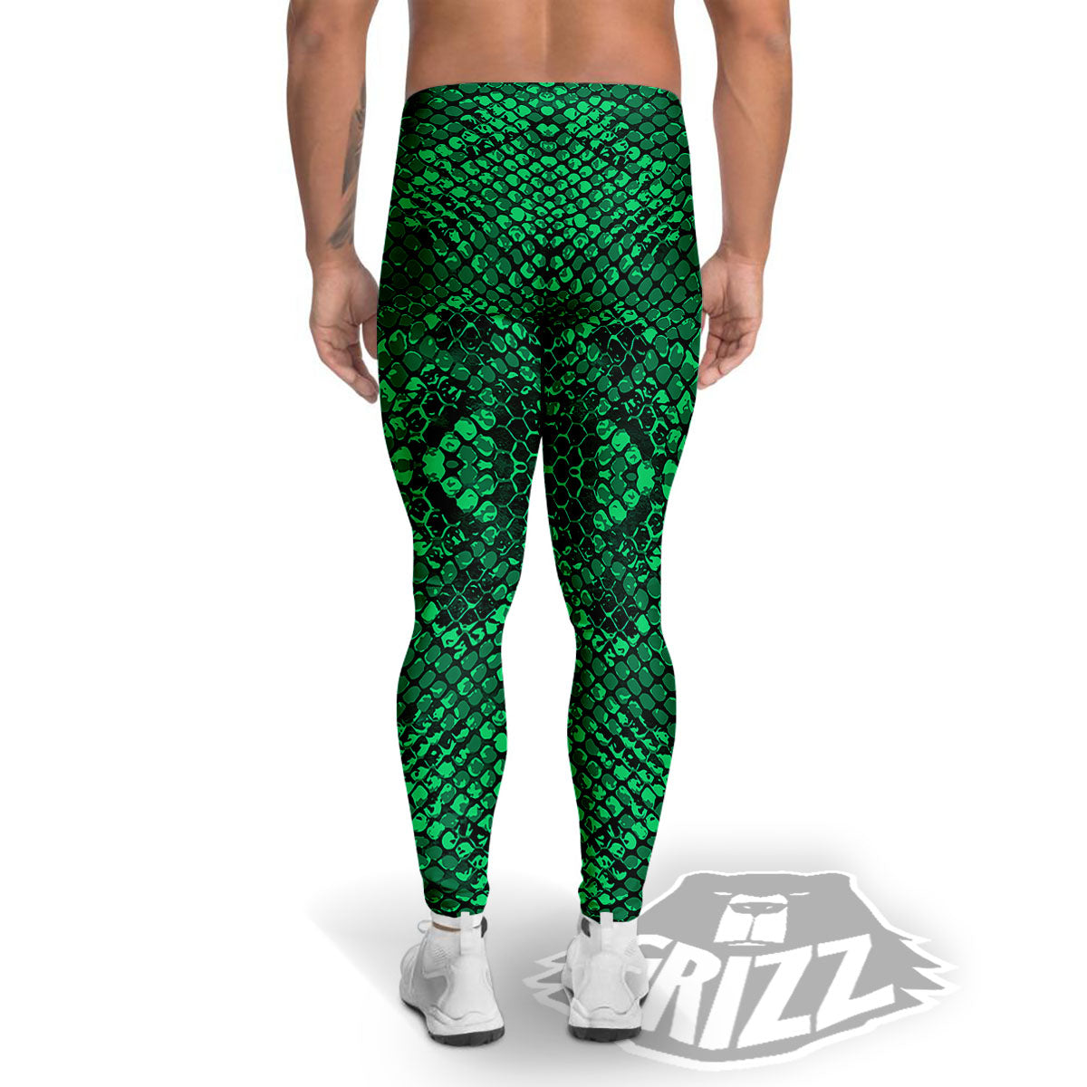 Snakeskin Black And Lime Green Print Men's Leggings-grizzshop