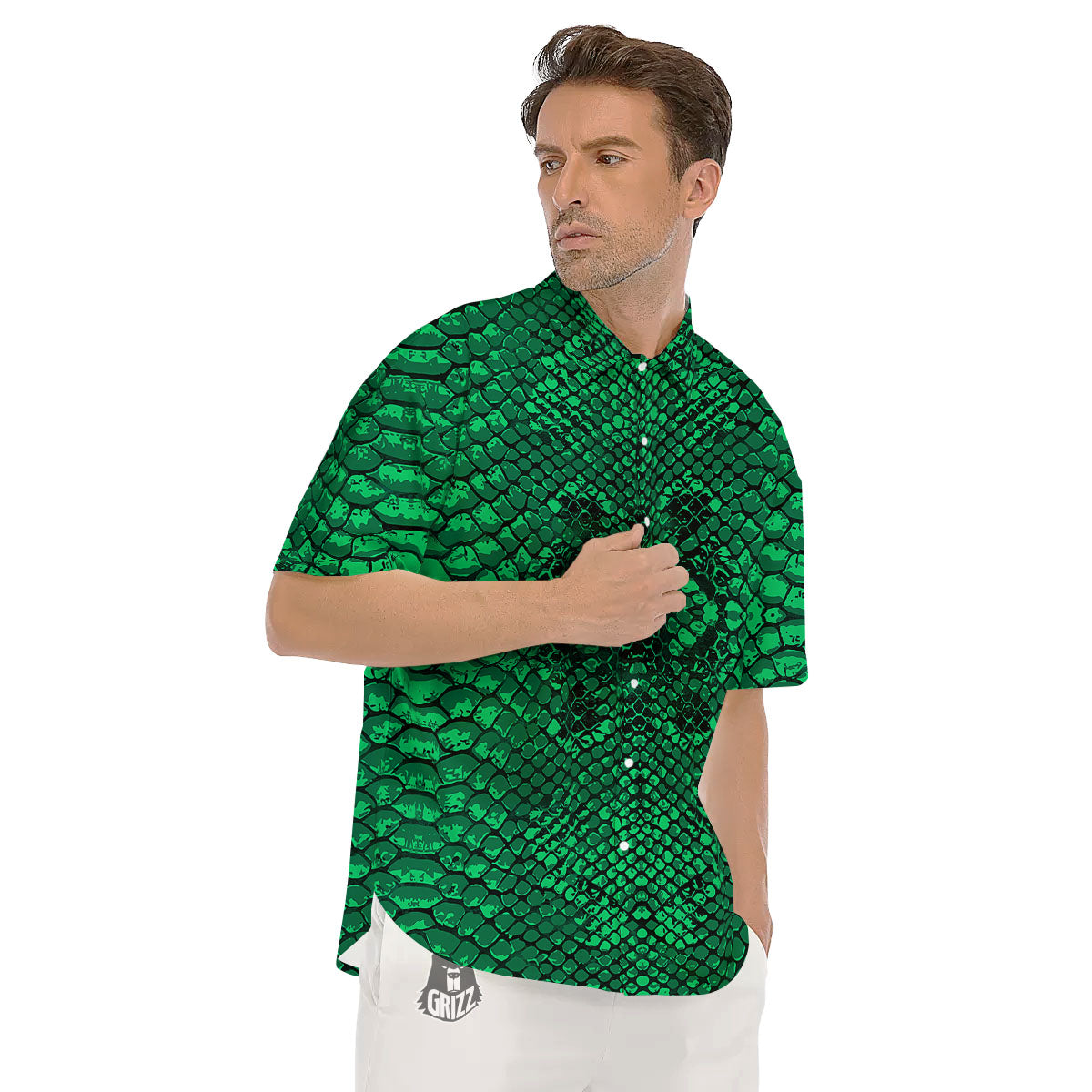 Snakeskin Black And Lime Green Print Men's Short Sleeve Shirts-grizzshop