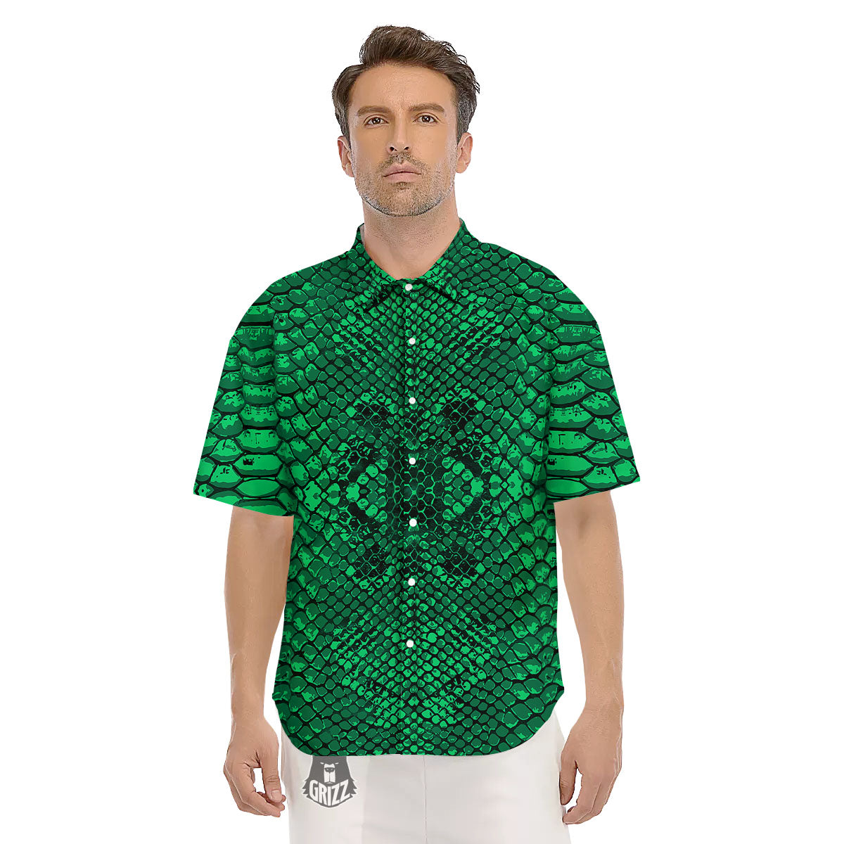 Snakeskin Black And Lime Green Print Men's Short Sleeve Shirts-grizzshop