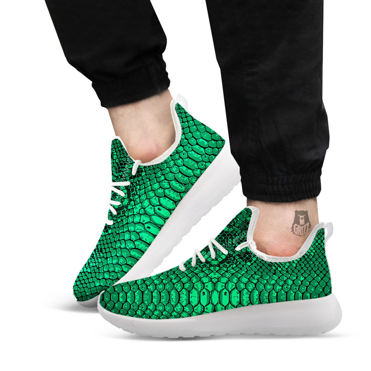 Snakeskin Black And Lime Green Print White Athletic Shoes-grizzshop