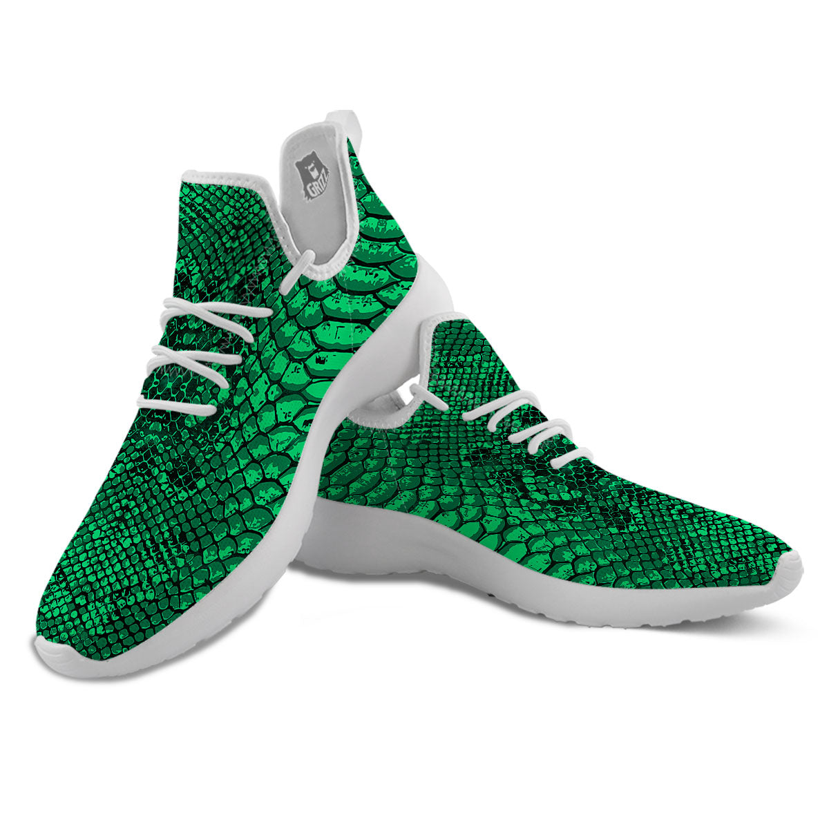 Snakeskin Black And Lime Green Print White Athletic Shoes-grizzshop