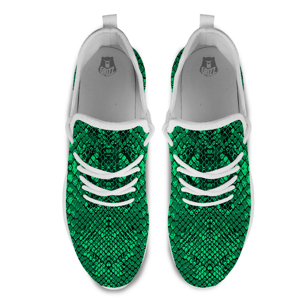 Snakeskin Black And Lime Green Print White Athletic Shoes-grizzshop