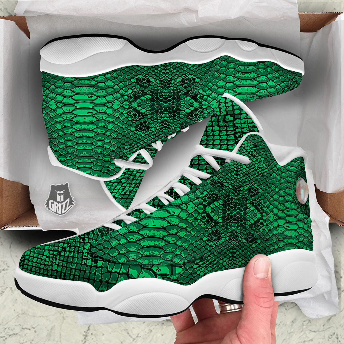 Snakeskin Black And Lime Green Print White Basketball Shoes-grizzshop