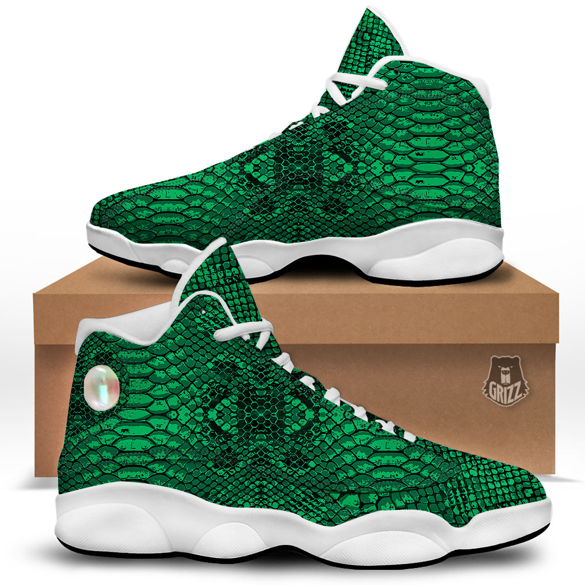 Snakeskin Black And Lime Green Print White Basketball Shoes-grizzshop
