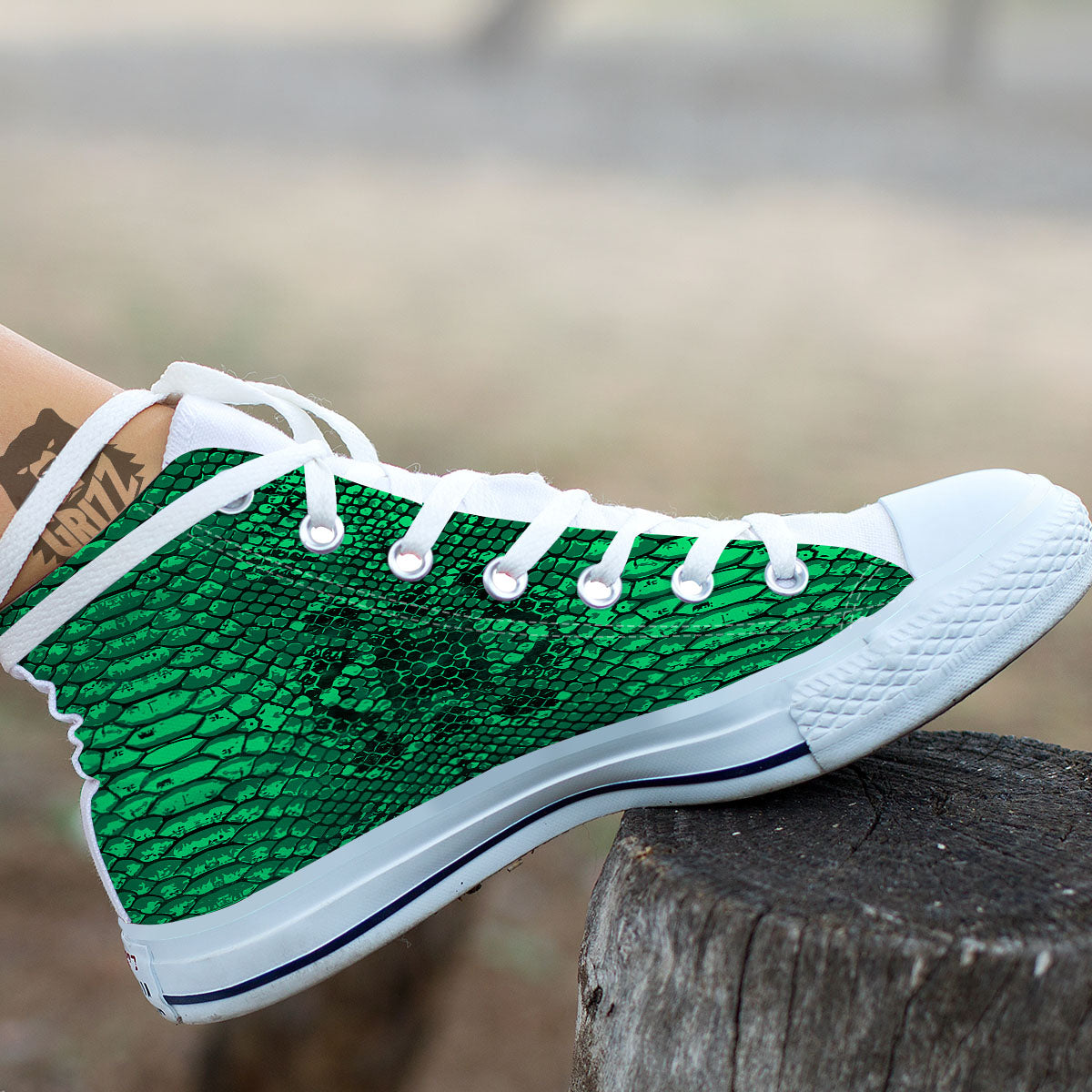 Snakeskin Black And Lime Green Print White High Top Shoes-grizzshop