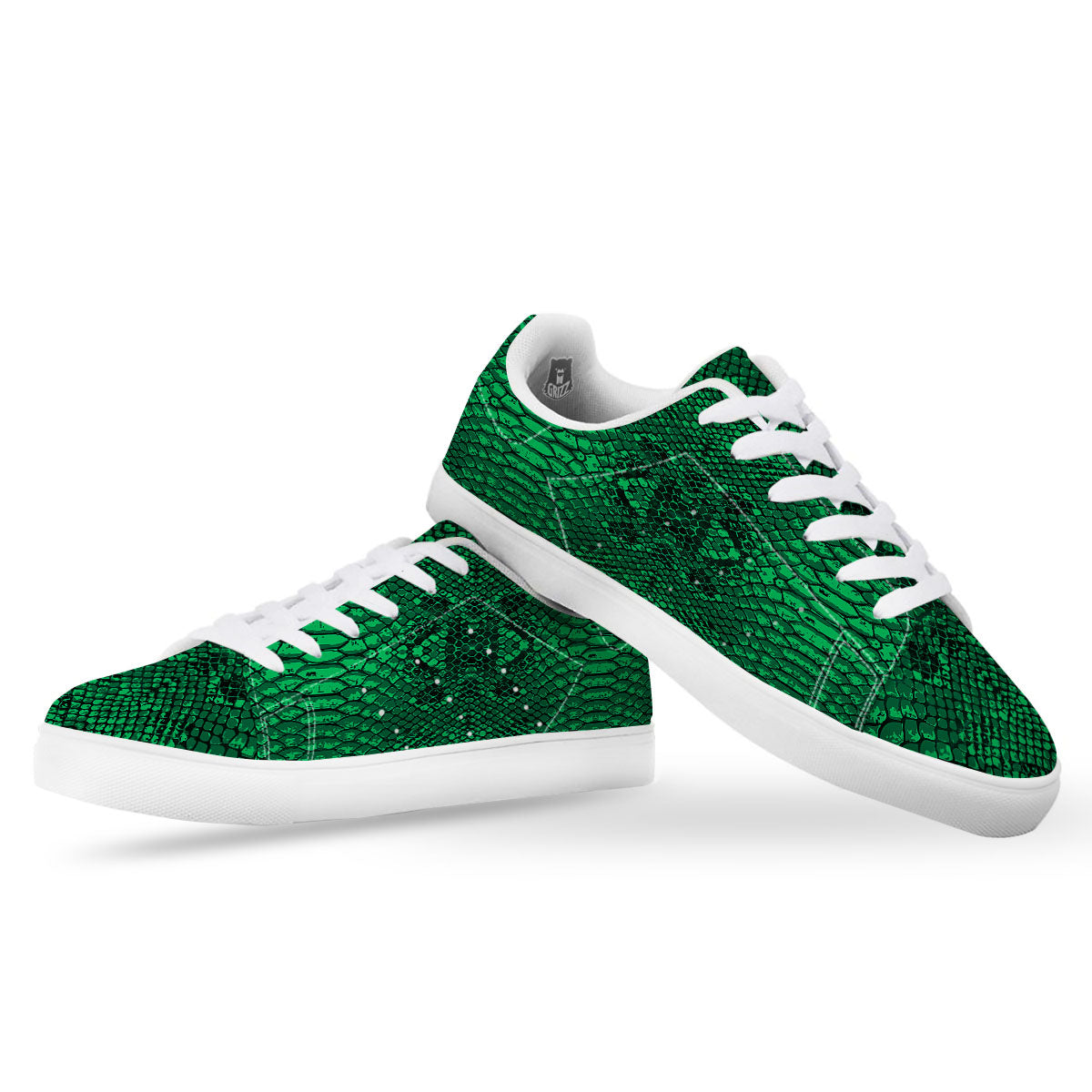 Snakeskin Black And Lime Green Print White Low Top Sneakers-grizzshop