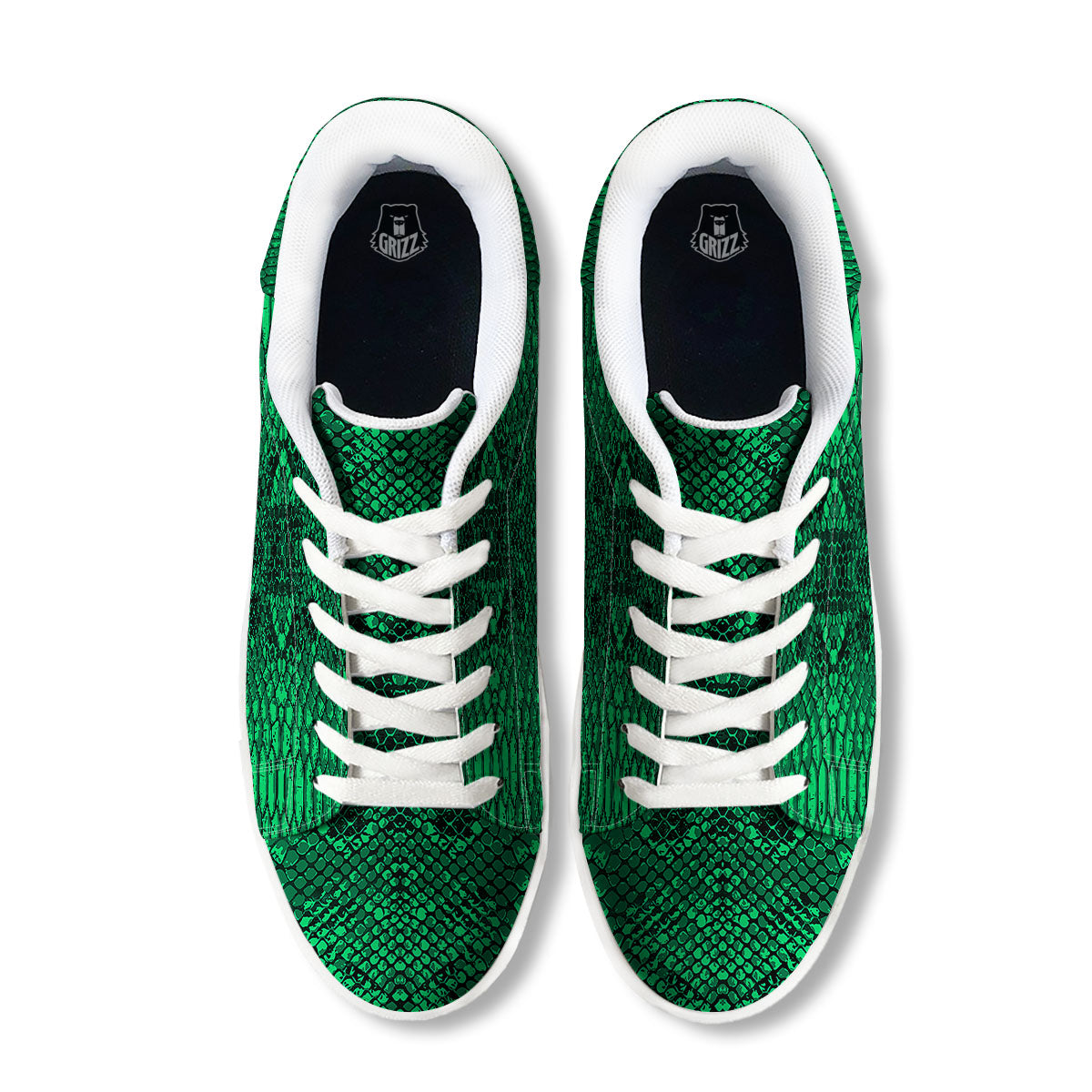 Snakeskin Black And Lime Green Print White Low Top Sneakers-grizzshop