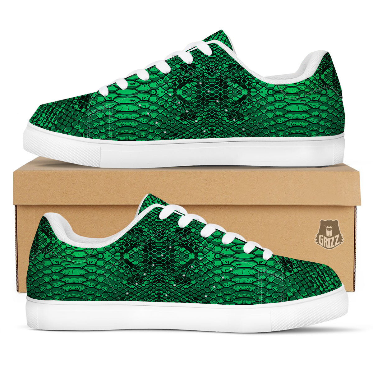 Snakeskin Black And Lime Green Print White Low Top Sneakers-grizzshop