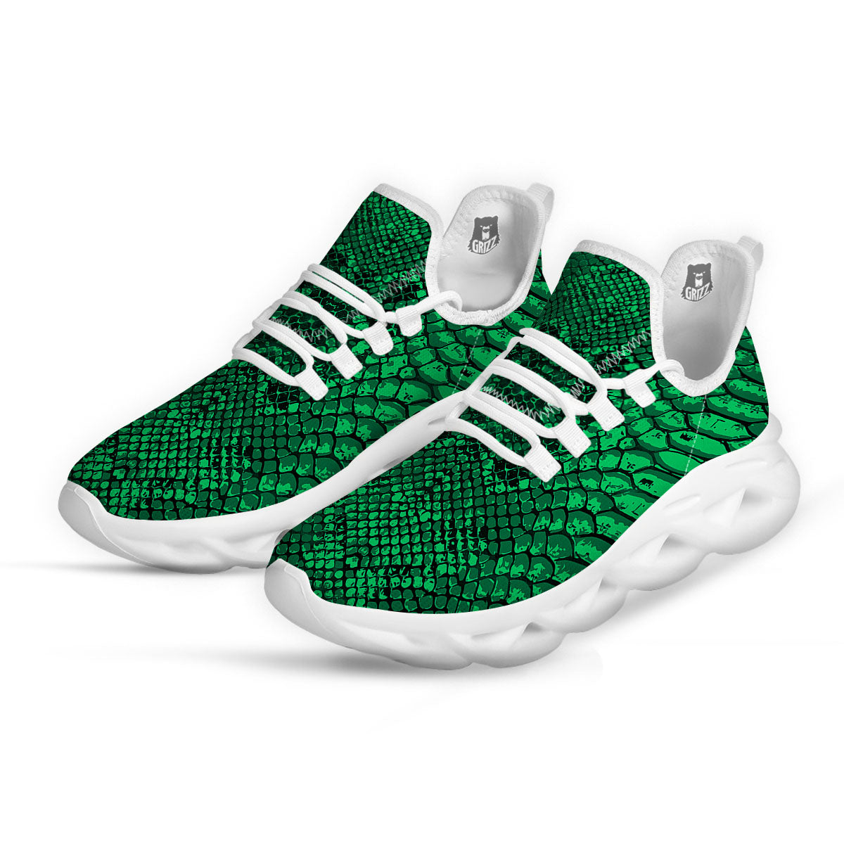 Snakeskin Black And Lime Green Print White Running Shoes-grizzshop