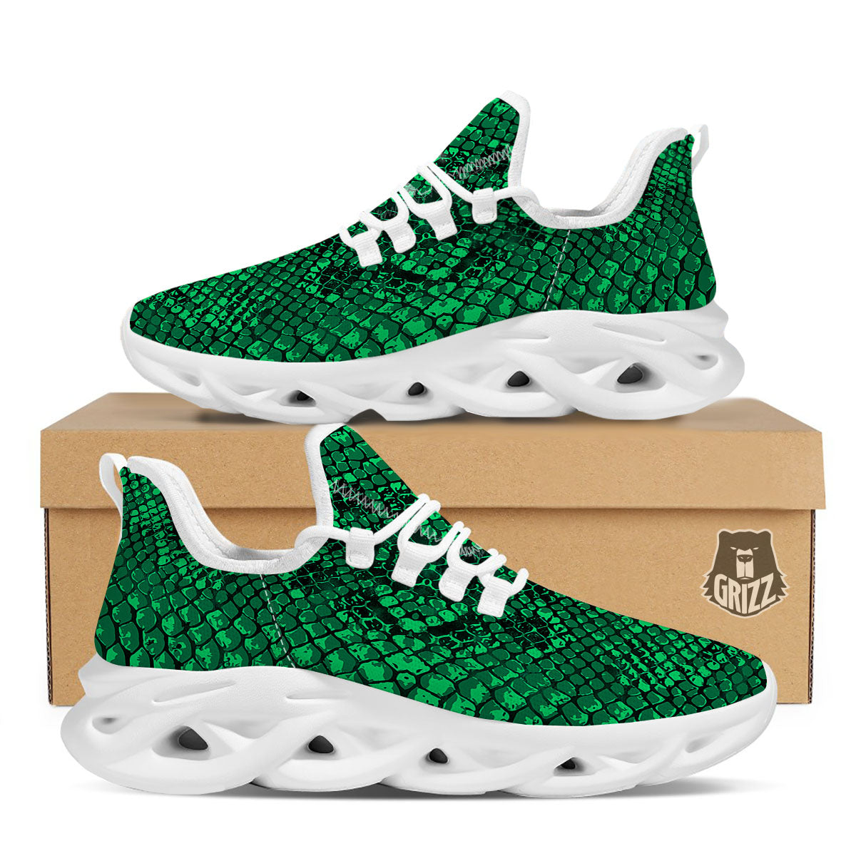 Snakeskin Black And Lime Green Print White Running Shoes-grizzshop