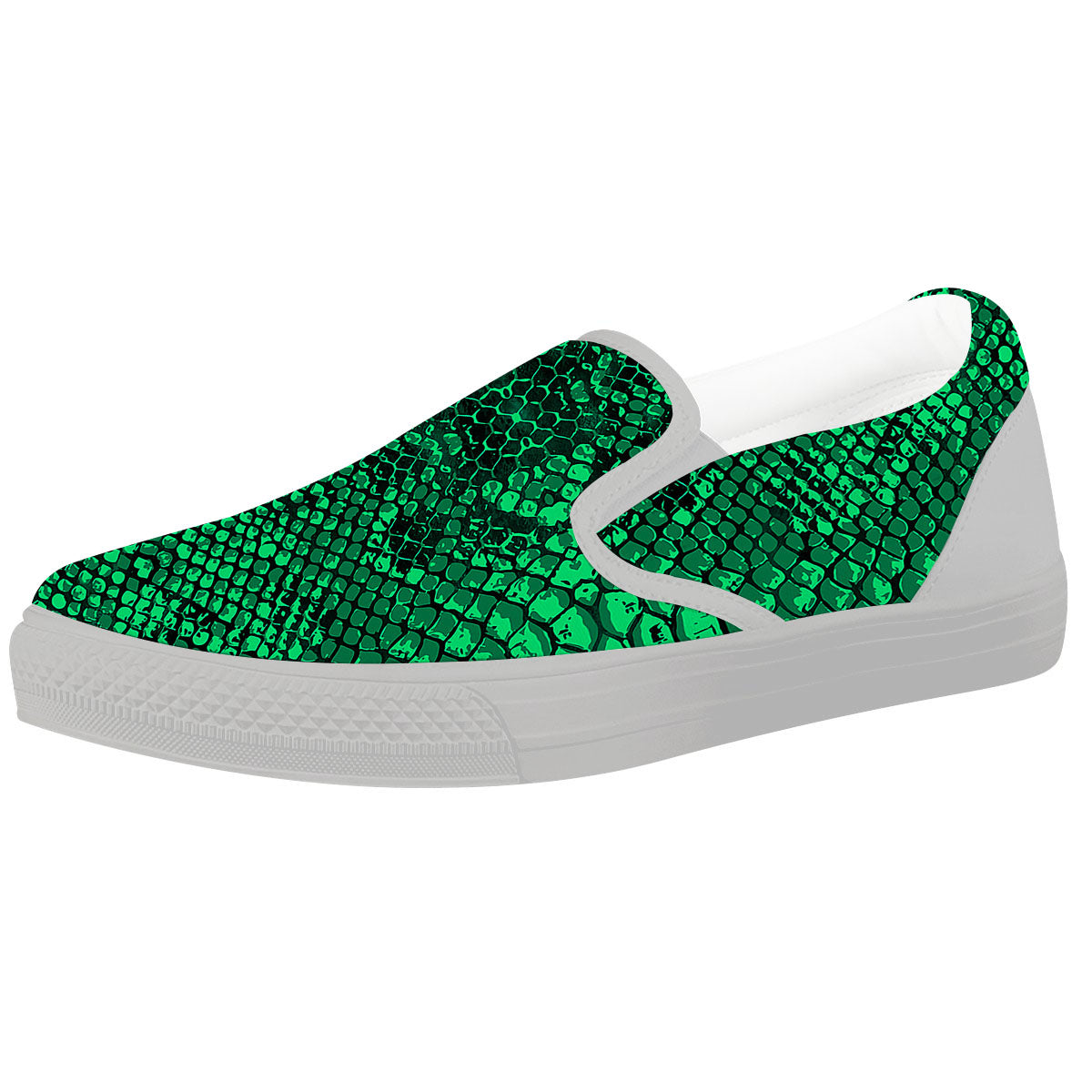 Snakeskin Black And Lime Green Print White Slip On Shoes-grizzshop