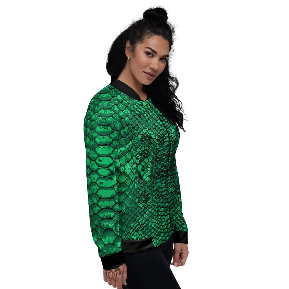 Snakeskin Black And Lime Green Print Women's Bomber Jacket-grizzshop