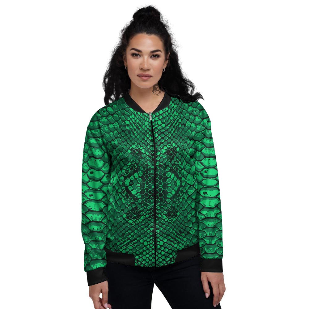 Snakeskin Black And Lime Green Print Women's Bomber Jacket-grizzshop