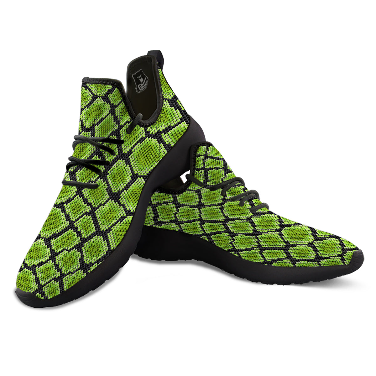 Snakeskin Black And Neon Green Print Black Athletic Shoes-grizzshop