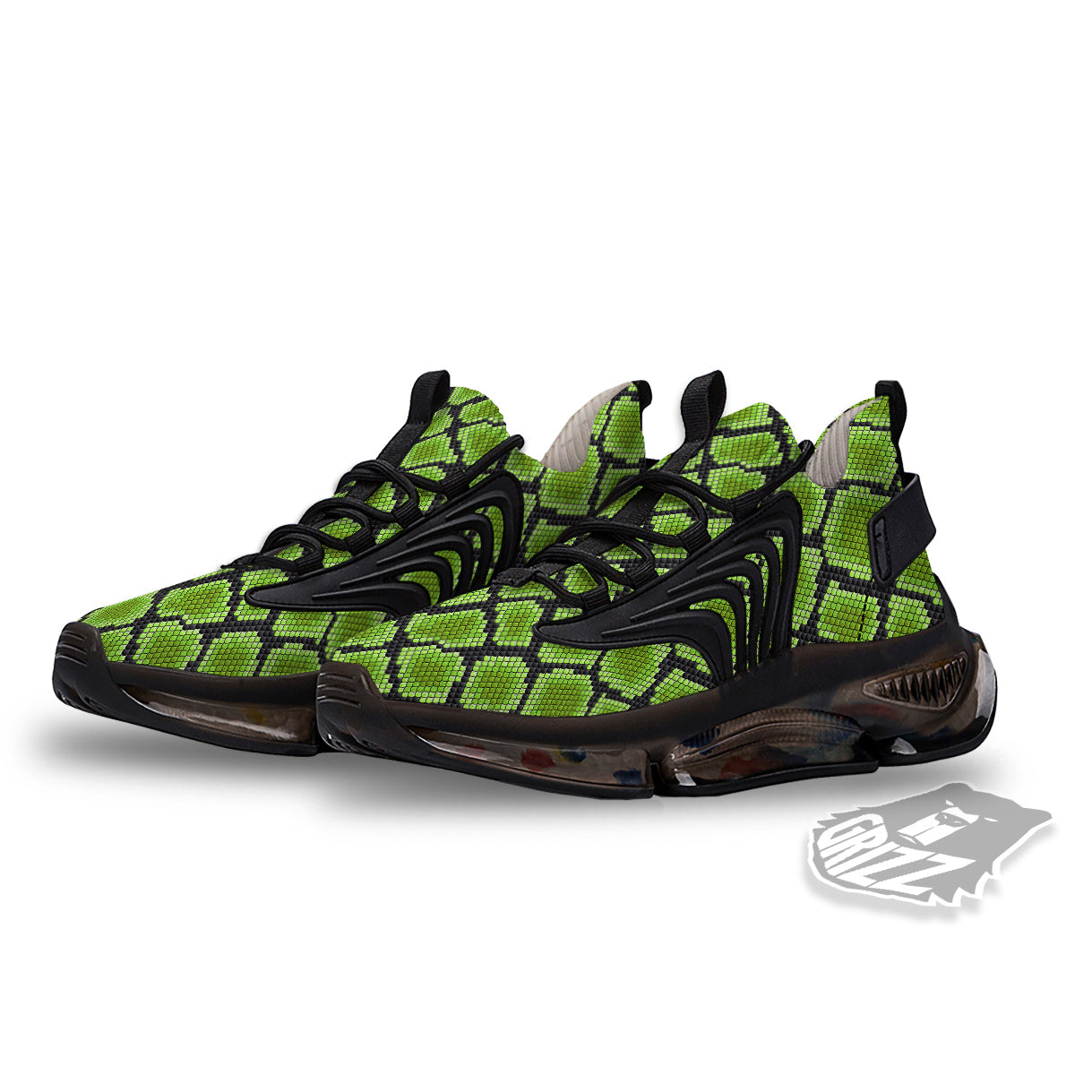 Snakeskin Black And Neon Green Print Black Gym Shoes-grizzshop