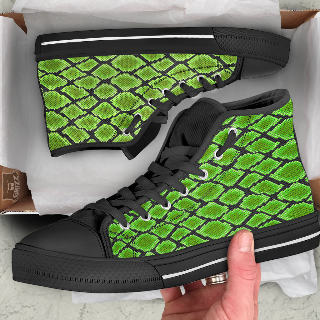 Snakeskin Black And Neon Green Print Black High Top Shoes-grizzshop