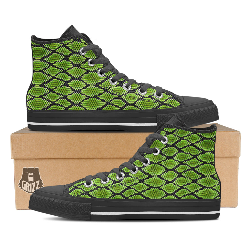 Snakeskin Black And Neon Green Print Black High Top Shoes-grizzshop