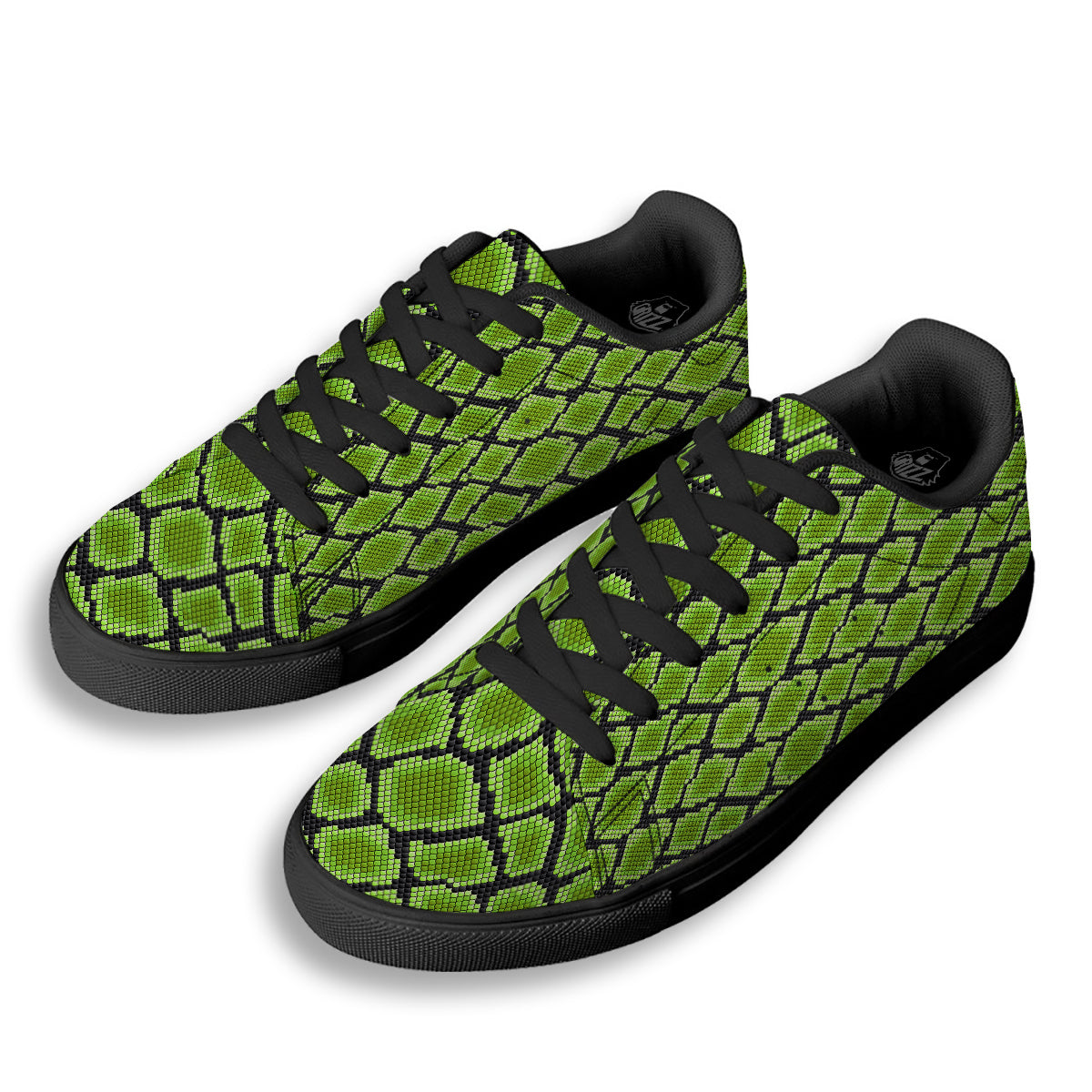 Snakeskin Black And Neon Green Print Black Low Top Sneakers-grizzshop