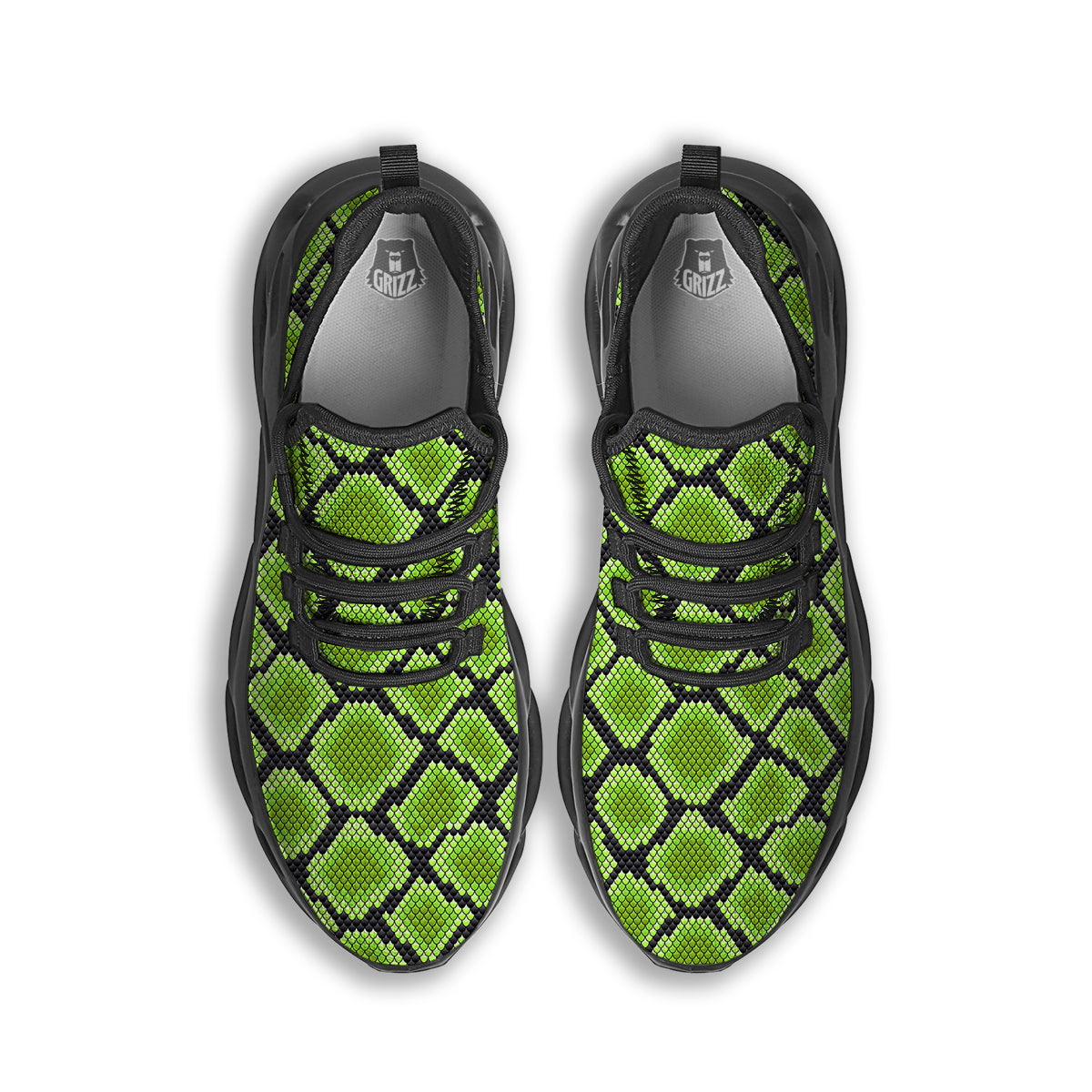 Snakeskin Black And Neon Green Print Black Running Shoes-grizzshop
