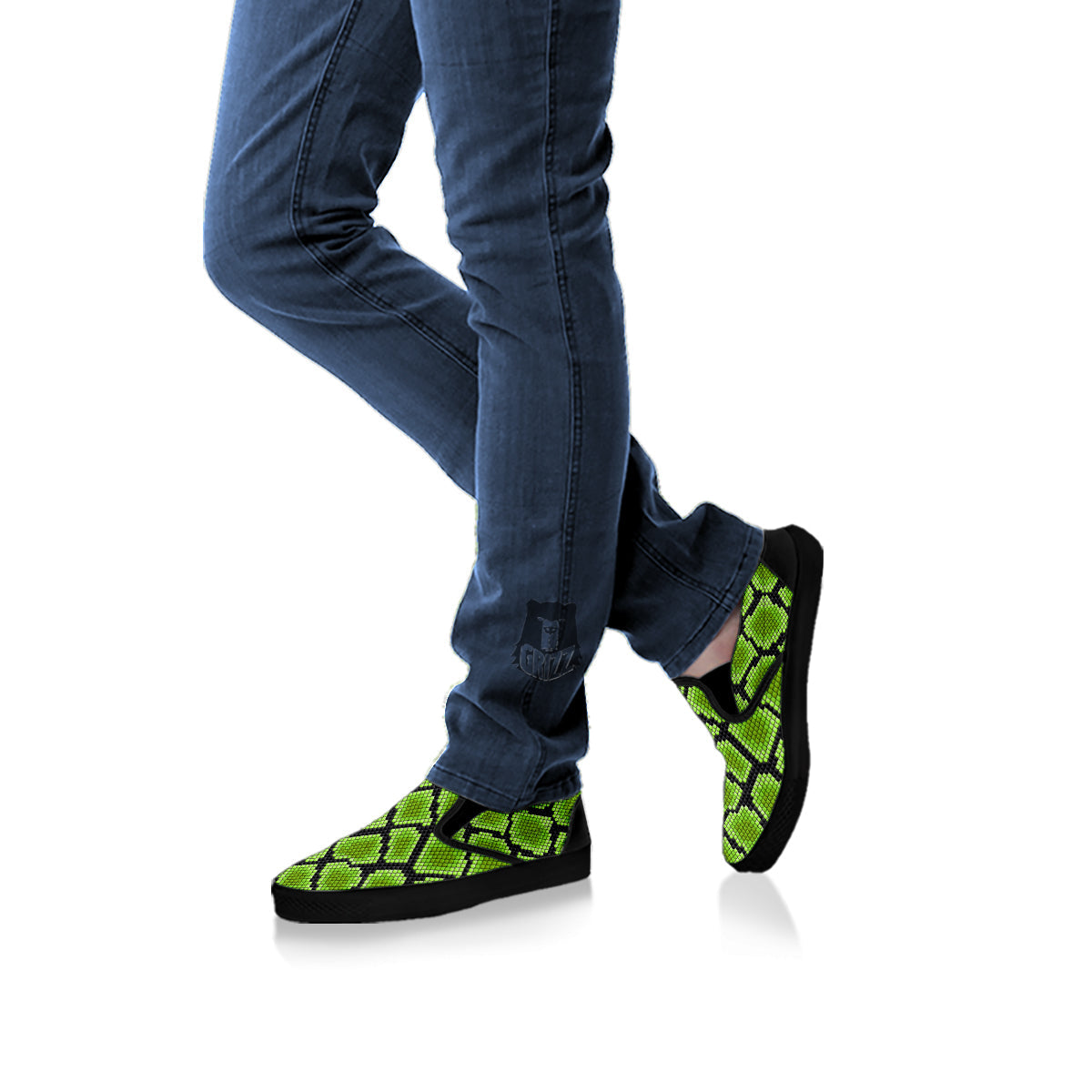 Snakeskin Black And Neon Green Print Black Slip On Shoes-grizzshop