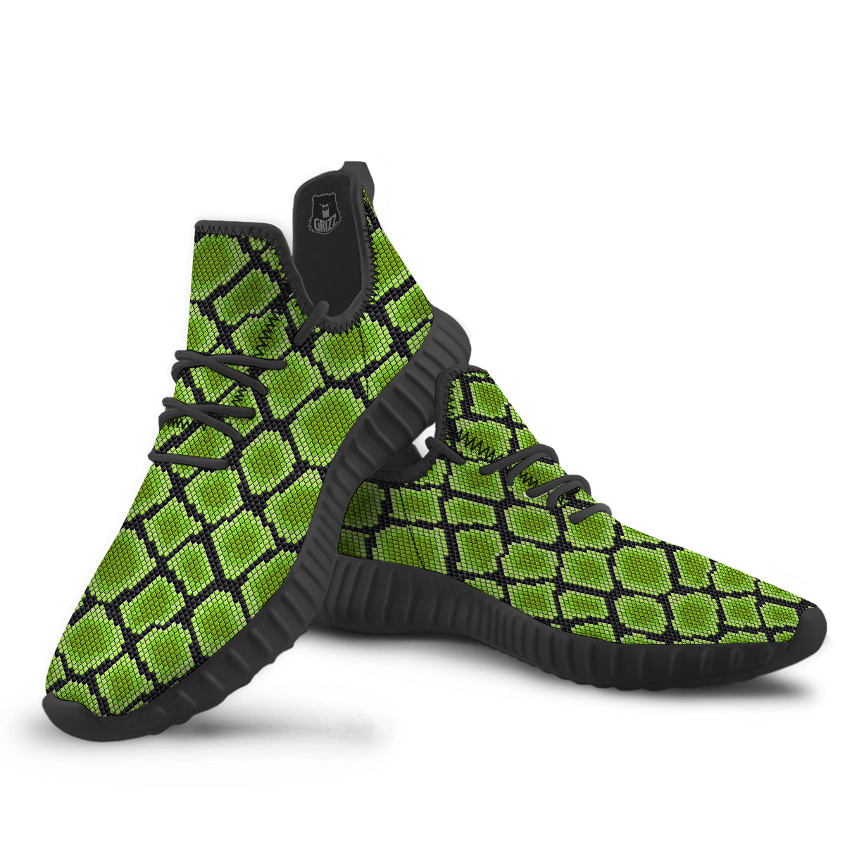 Snakeskin Black And Neon Green Print Black Walking Shoes-grizzshop