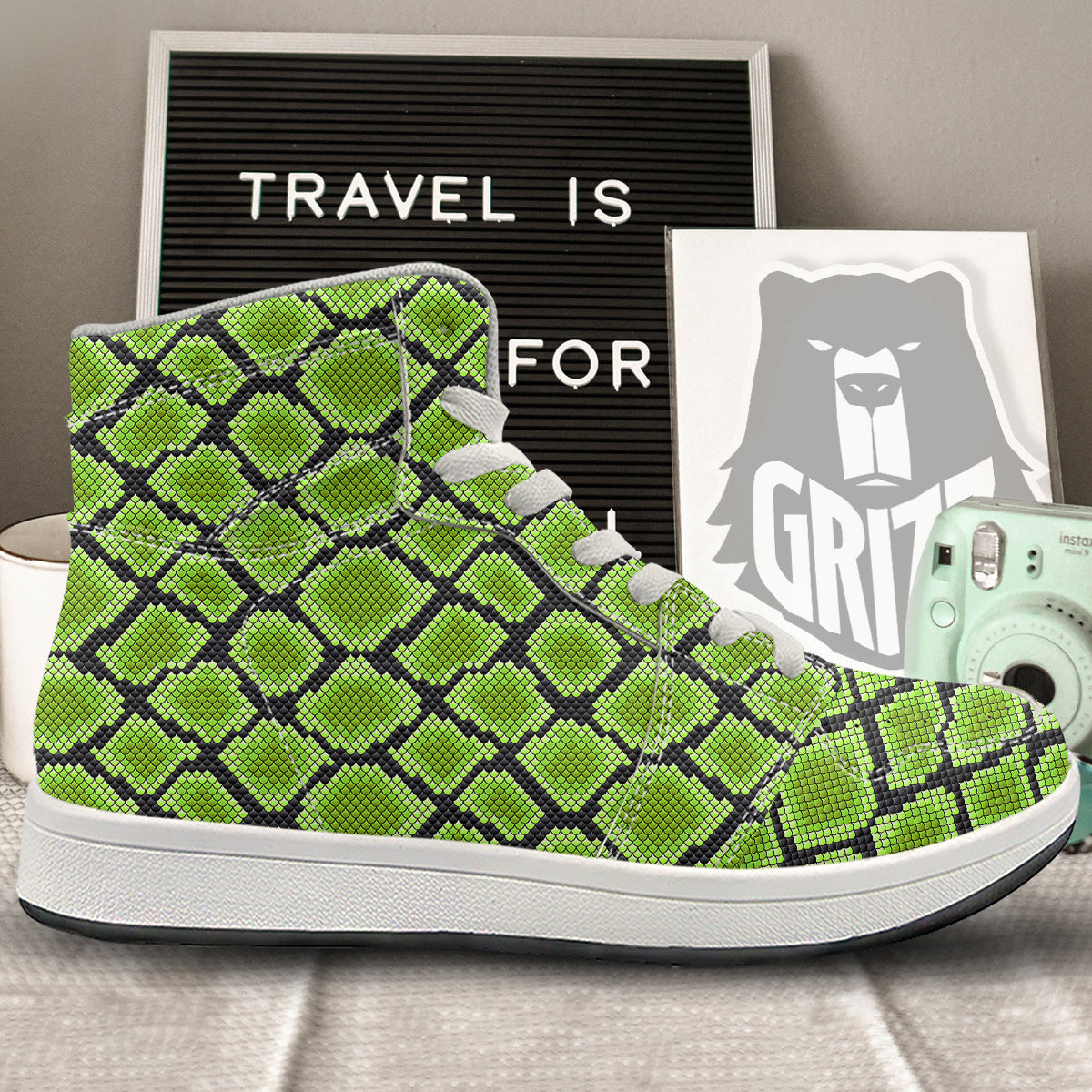 Snakeskin Black And Neon Green Print High Top Sneakers-grizzshop