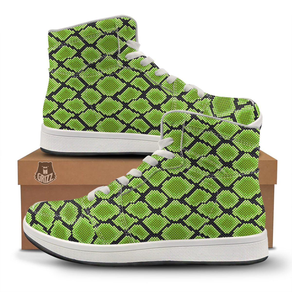 Snakeskin Black And Neon Green Print High Top Sneakers-grizzshop