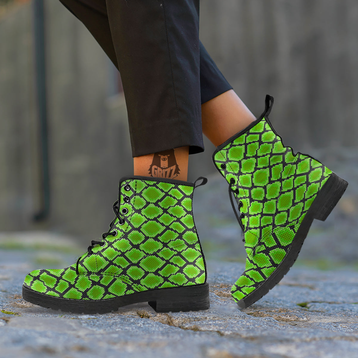 Snakeskin Black And Neon Green Print Leather Boots-grizzshop