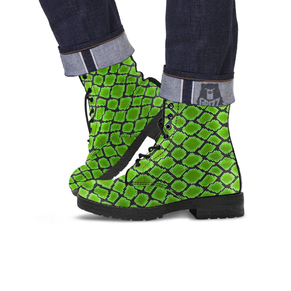 Snakeskin Black And Neon Green Print Leather Boots-grizzshop